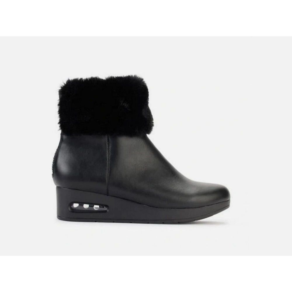 DKNY Abri Black Smooth Leather Wedge Booties Women 5.5 Ankle Boots Fur Trim